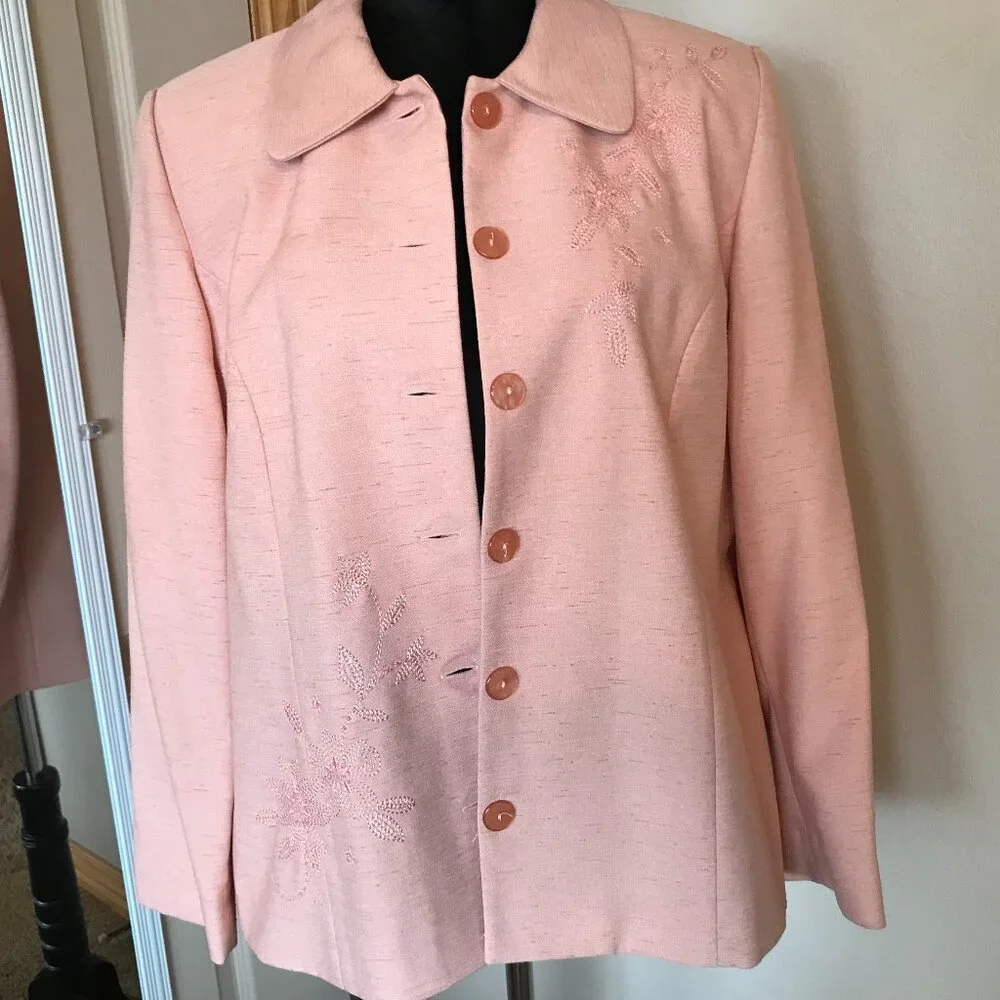 Alfred Dunner Beaded Blazer Vintage 80s Floral Embroidery Jacket Peach Size 14P